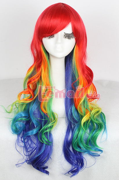 Multicolour Hair 75cm long Rainbow Wavy zipper cosplay wig