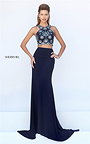 Slim Navy Sherri Hill 50236 Beaded Cutout Halter Two Piece Evening Gown
