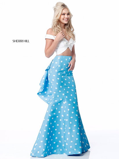 Sherri Hill 51865 Off The Shoulder 2018 Ivory/Blue Long Satin Party Dress 2 Piece