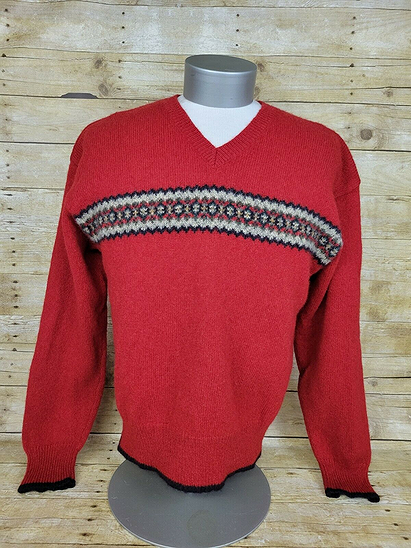 Vtg Abercrombie & Fitch Red Wool Sweater Mens XL Striped V-Neck Pullover Outdoor