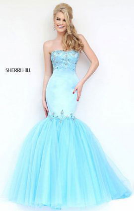 Sherri Hill 32152 Beads 2016 Strapless Light Blue Bodice Long Sheer Prom Dresses