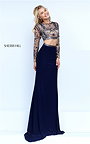 Full Sleeved Style Open Back Navy 2 Piece Prom Gown From Sherri Hill 50097