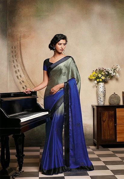 Blue-Grey Color Chiffon Designer Saree