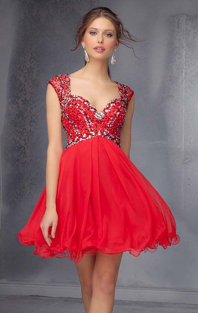 2015 Cap-Sleeves Mori Lee 9273 Beaded Red Open-Back Short Chiffon Cocktail Dresses