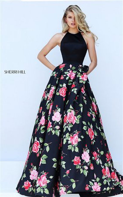 Black/Red Sherri Hill 50333 Halter Long Floral Printed Prom Dress 2017