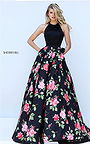 Black/Red Sherri Hill 50333 Halter Long Floral Printed Prom Dress 2017