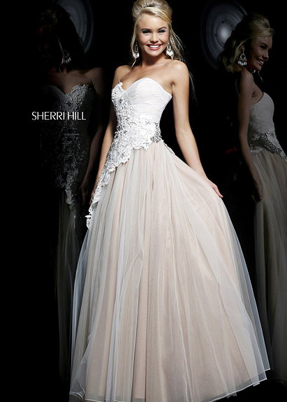 Cheap Sherri Hill 11128 Ivory/Nude Lace Elegant Ball Gown
