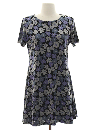 Nineties Vintage Dress: 90s or newer -S. Roberts- Womens black background rayon nylon blend short sleeve above the knee length mod dress. Semi-scoop neckline. Cute busy abstract flower-power print in 