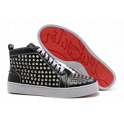 Red Bottom Christian Louboutin Louis Silver Flat Spikes High Top Mens Sneakers Black