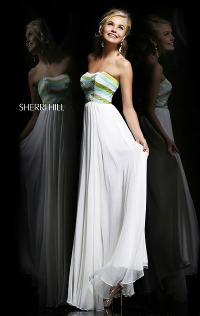 2014 Strapless Sherri Hill 8532 Ivory/Aqua/Green Open-Back Ballgown Discount