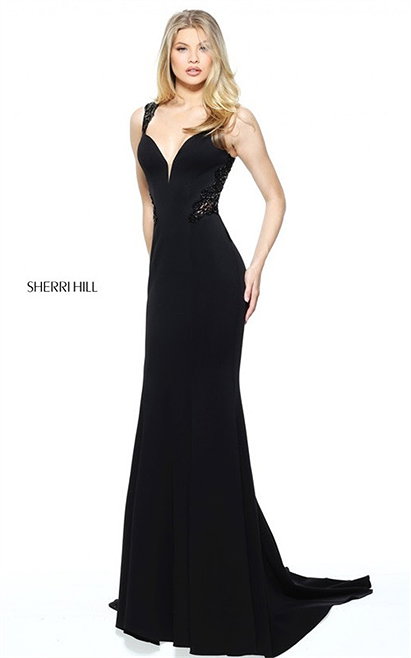 2017 Flare Jersey Sherri Hill 50973 Black Lace Cutout Slim Evening Gown