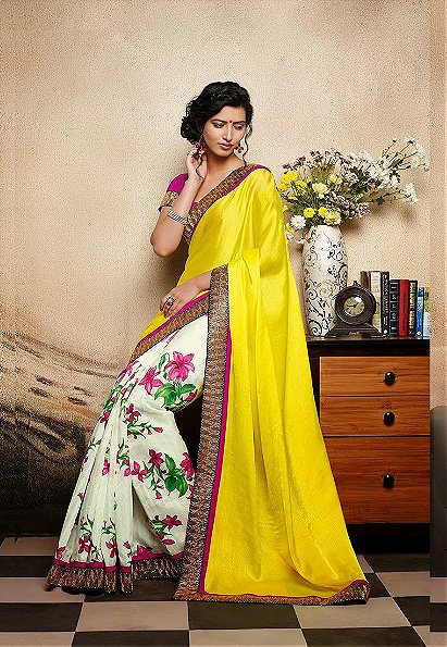 Yellow Color Chiffon-Silk Designer Saree