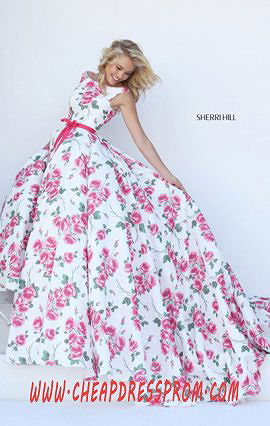 Ivory/Light Pink Boat-Neck Printed Sherri Hill 50484 Open-Back Long Prom Dresses 2016 - $251.00