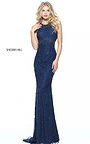 Luxurious Navy Beads Sherri Hill 51241 Fitted Halter Open Back Long Gown