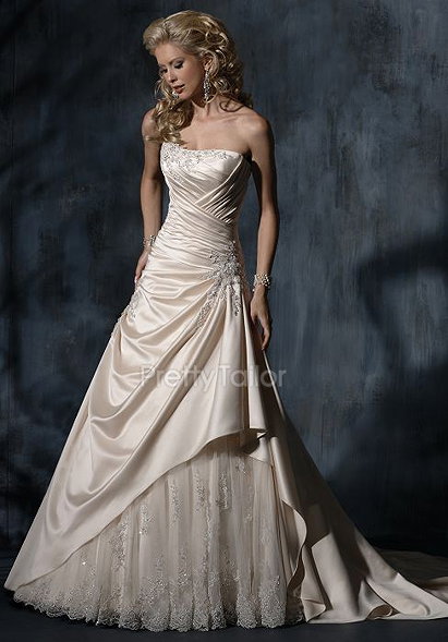 Satin A line Sleeveless Asymmetric Waist Strapless Wedding Dress at prettytailor.com