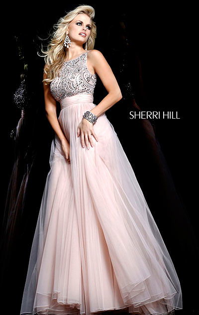 High-Neck Beaded Sherri Hill 11022 Chiffon Nude Open-Back 2015 Long Lace Prom Dresses