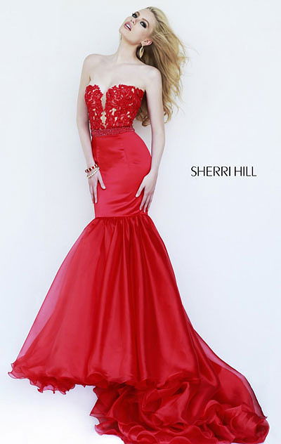 2015 Strapless Beaded Red Sherri Hill 32107 Sheer Long Bodice Prom Dress