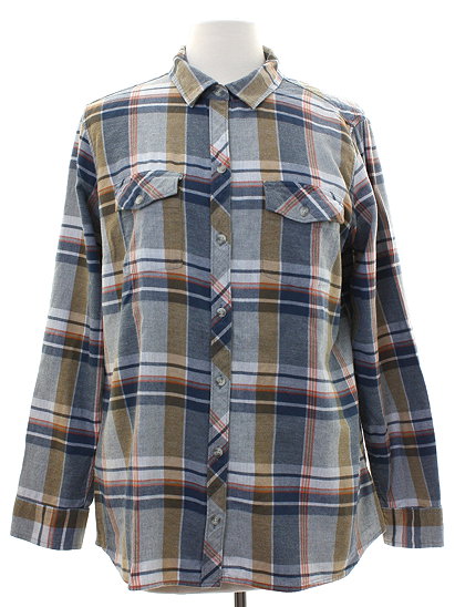 Shirt: 90s -Eddie Bauer- Womens dusty blue, tan brown, light gray, and orange plaid cotton button cuff longsleeve button up front flannel shirt. Fold over collar, two flap pockets with button closure 
