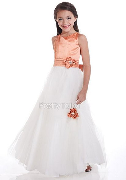 Princess Scoop Satin Natural Waist With Flowers Junior Bridesmaid Gowns at prettytailor.com