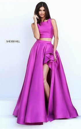 Long Sherri Hill Magenta 50751 Cutout Back Ruffled 2 PC Slit Prom Dress Ball