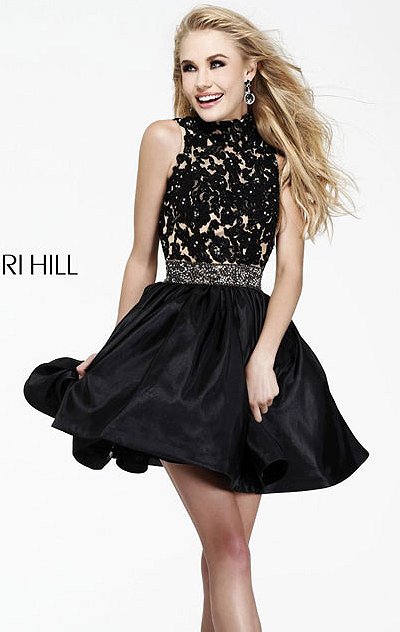 Sherri Hill 21194 Beaded Open Back Laced Embellished Black Cocktail Dress