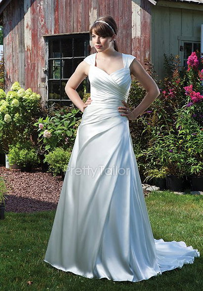 Sleeveless A line Silk Like Satin Natural Waist Queen Anne Plus Size Wedding Dress at prettytailor.com