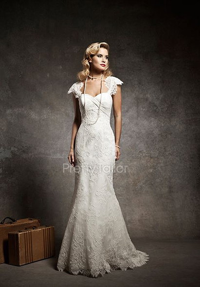 Floor Length Queen Anne Lace Mermaid With Buttons Bridal Gowns at prettytailor.com