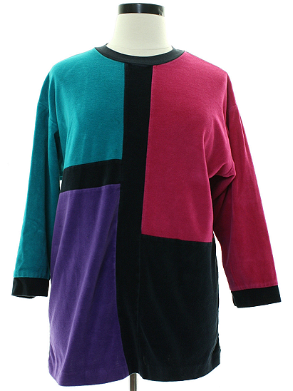 Gerry 1980s Vintage Velour Shirt: 80s -Gerry- Womens multi color polyester cotton blend ribbed knit cuff longsleeve pullover velour shirt. Mondrian inspired color block front and sleeves in shades of 