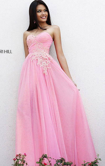 Cheap Strapless Sherri Hill 11114 Floral Beaded Pink/Peach Long Prom Dress