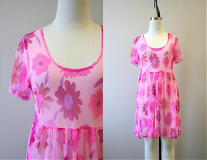 1990s Pink Floral Mesh Baby Doll Dress