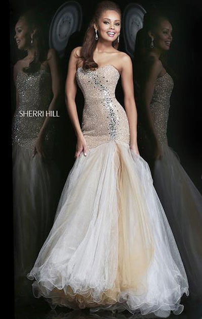 Beaded Sherri Hill 11105 Strapless Nude 2014 Long Lace Mermaid Gown
