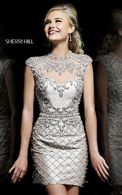 Beaded High Neck Sherri Hill 4304 Nude Open Back Fitted Short Prom Dress