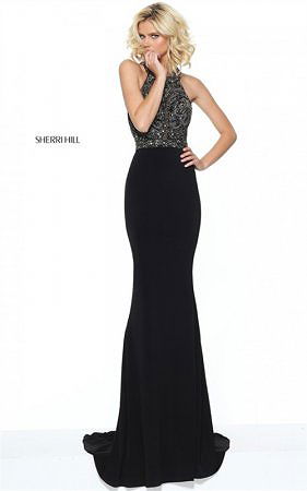 Fitted Black Sherri Hill 50912 Beaded Racerback Long Formal Dress 2017