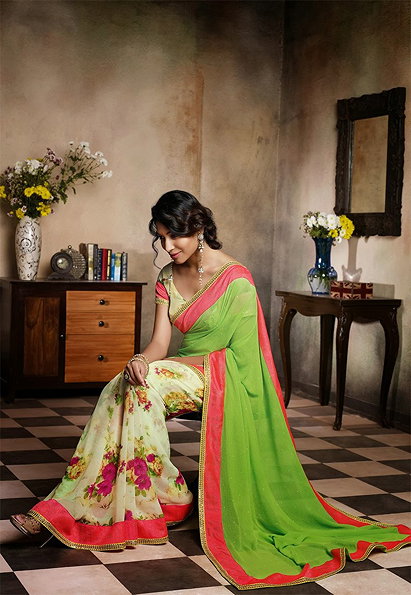 Green Color Chiffon-Silk Designer Saree