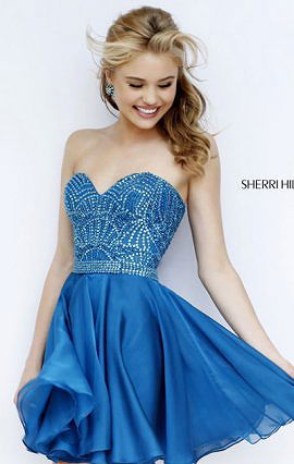 Beading Sherri Hill 1978 Strapless Peacock Layered Short Bodice Prom Dress 2015