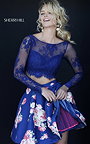 Two Piece Amazing Sleeved Navy Sherri Hill 32323 Print Taffeta Prom Dress