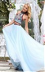 Light Blue/Multi 2016 Two Piece Halter High Neckline Sherri Hill 50075 Beaded Patterned Slit Long Chiffon Evening Gown