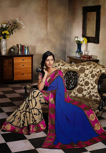 Blue-Cream Color Chiffon Designer Saree