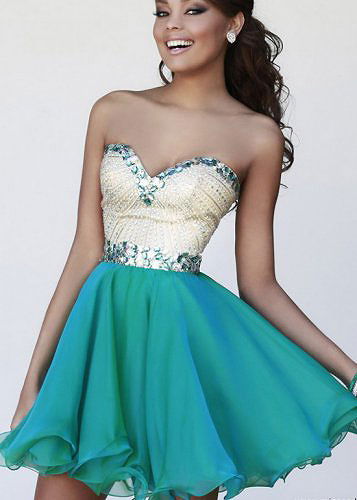Cheap Teal Strapless Beaded Layered Chiffon Short Prom Gown