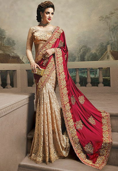 Maroon & Cream Color Satin Net Designer Saree