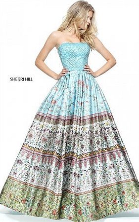 2017 Amazing Strapless Beading Blue Floral Print Gown By Sherri Hill 51246