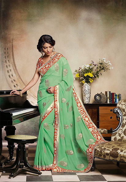 Green Color Georgette Designer Saree