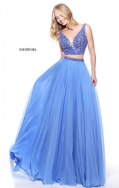 Sherri Hill 51008 Periwinkle V Neck Beaded 2-Piece Chiffon Gowns 2017 Sale [Sherri Hill 51008 Periwinkle] - $208.00