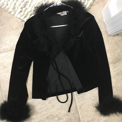 Vintage 90s Velvet Cardigan with Feather Trim