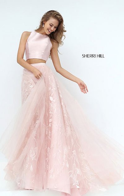 2017 Sherri Hill 50787 Two Piece Blush Tulle Long Lace Appliques Prom Dresses