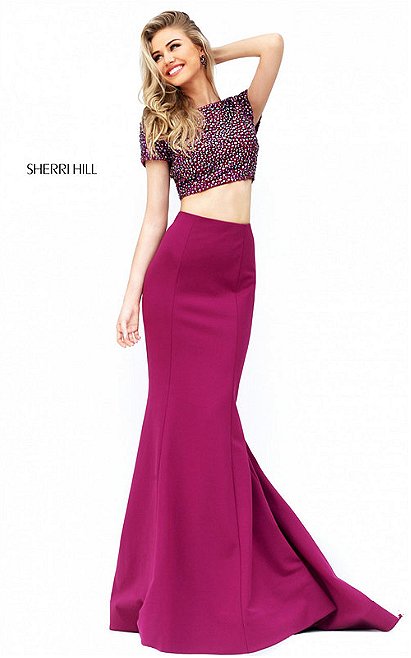 Rasberry Sherri Hill 50614 Beading Low Back Two Piece Mermaid Dress Spring 2017