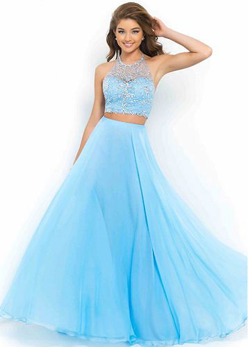 2015 Newest Two Piece Halter High Neck Powder Blue Beaded Prom Dress