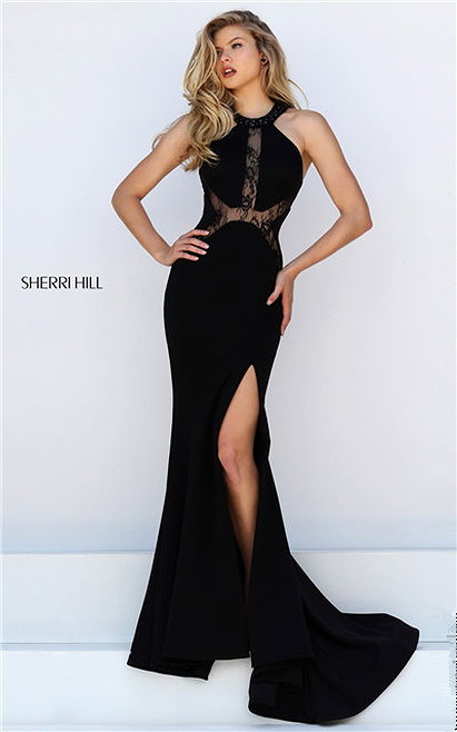 2016 Black Lace Slit Long Prom Dress Sherri Hill 20201 Halter Neck Outlet