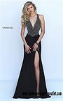 2016 Beaded V-Neck Slim Open Back Slit Black Prom Dress By Sherri Hill 50215