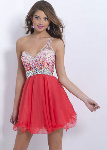 Multi Color Beads One Shoulder Open Back Red Prom Dress